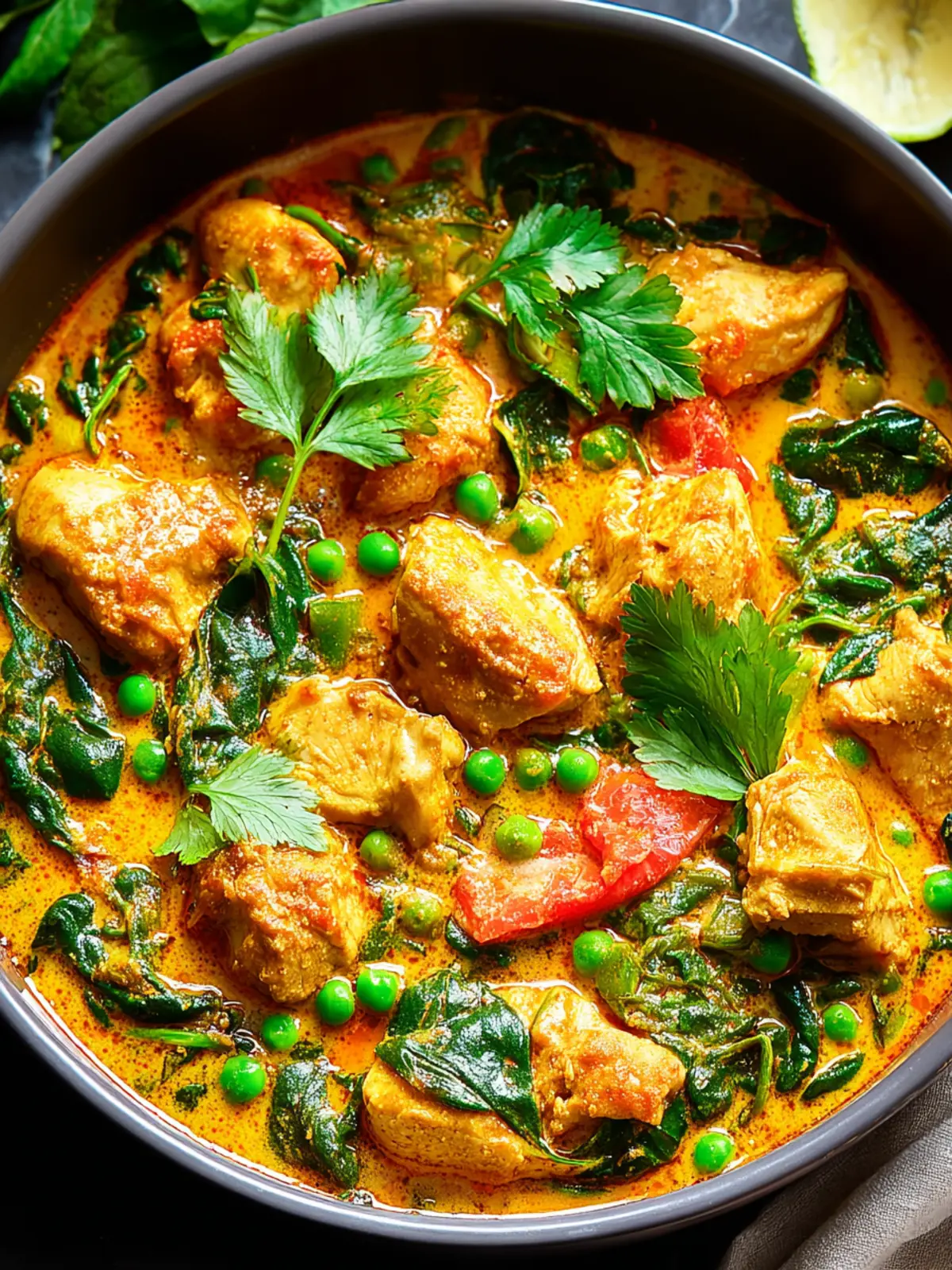 Irresistible Coconut Curry Chicken with Spinach & Peas First Image